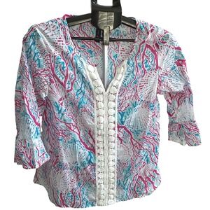 Casey‎ Key Womens Pink Turquoise Coral Shell Coastal Cotton Tunic Top  Medium